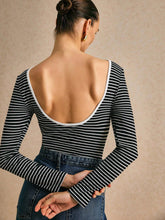 Poéselle Women's Striped Round Neck Long Sleeve Casual Bodysuit, Spring Autumn